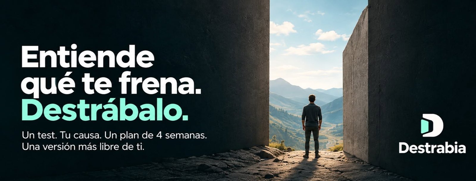 Entiende qué te frena. Destrábalo. Una persona frente a un camino abierto entre dos muros. Un test, tu causa y un plan de cuatro semanas.